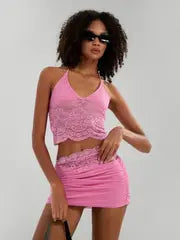 Sexy Perspective 2pcs Set, Solid Color Lace Design Tank Top+Asymmetric Ruffle Mini Skirt