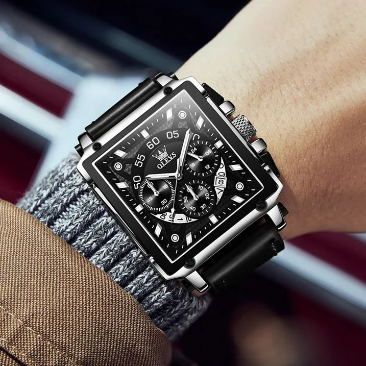 OLEVS Square Watches for Men Brown Leather Chronograph Fashion Business Watch
