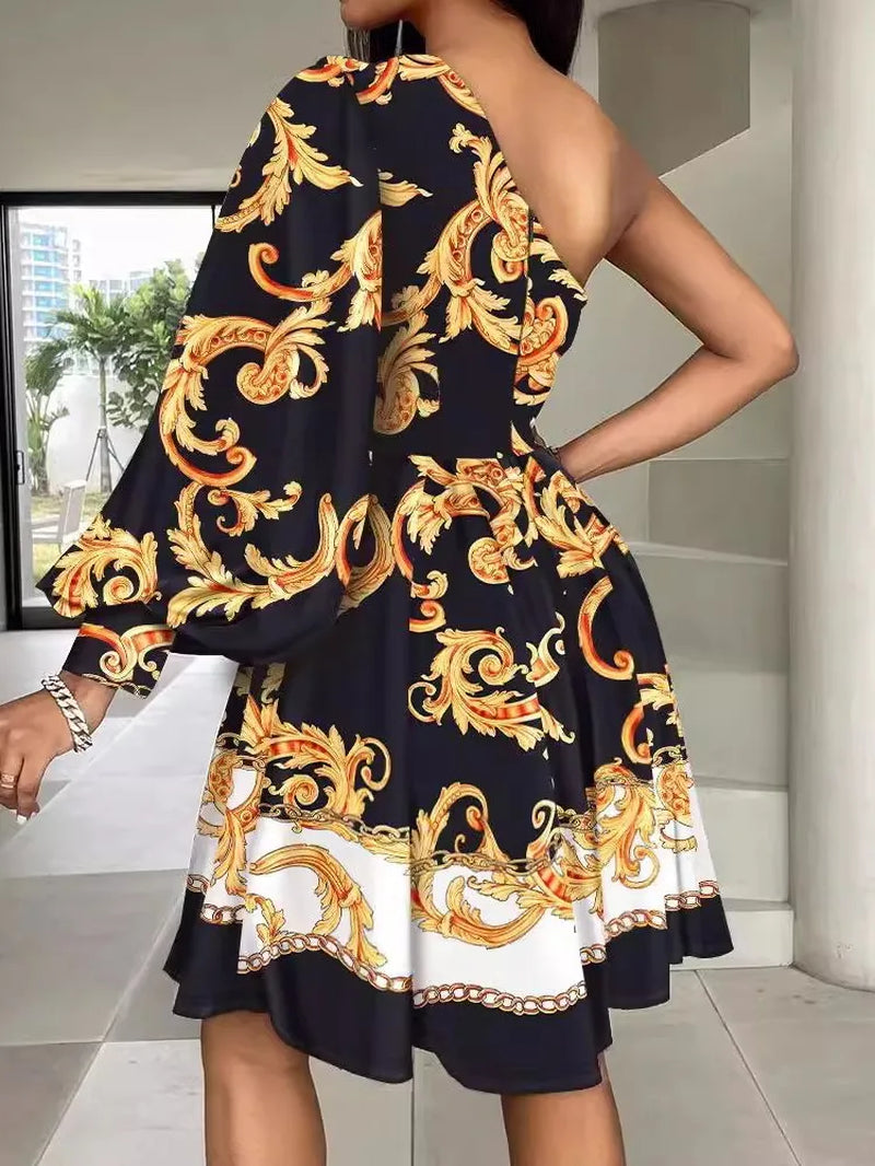 New Boho Print Women Dress Spring Fashion Sexy off Shoulder Office Elegnat Casual Dresses Female Sweet Party Dress Robe Femme