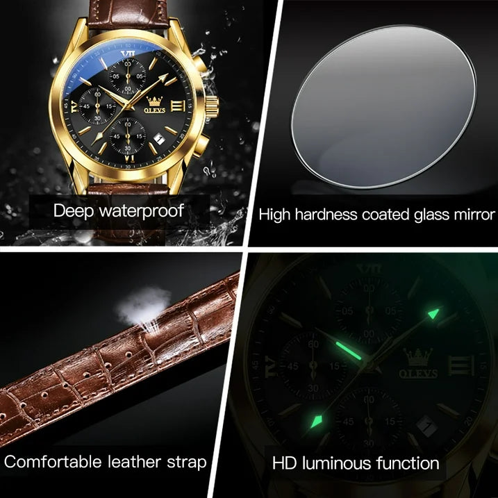OLEVS Watches for Men Chronograph Leather Gold Plated Case Analog Quartz