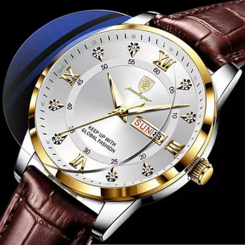 Men's Leather Quartz Watch Waterproof & Luminous