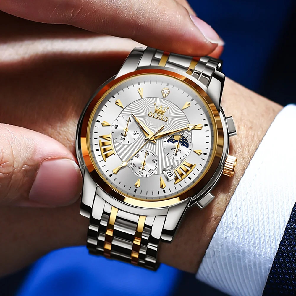 OLEVS Watches for Men, Mens Watches Quartz Gold Stainless Steel Waterproof Luminous Business Calendar Wrist Watch reloj para hombre White Dial