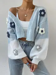 3D Flower Colored Drop Shoulder Sleeves Cardigan