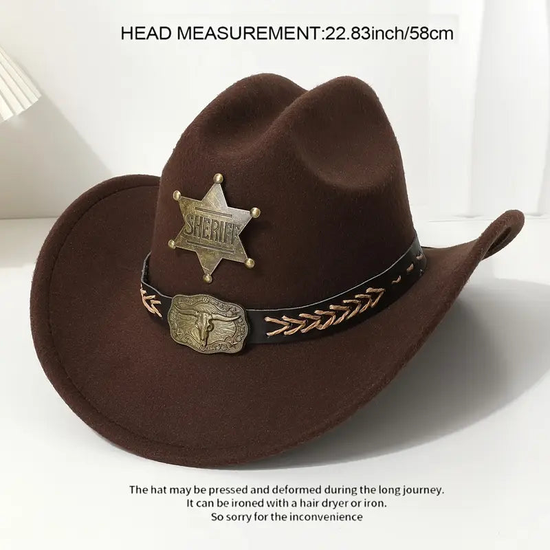 Men’s Western Cowboy Hat with Sheriff Star & Bull Belt Ornament
