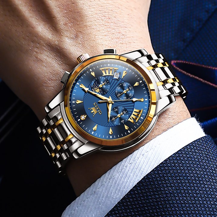 OLEVS Watches for Men, Mens Watches Quartz Gold Stainless Steel Waterproof Luminous Business Calendar Wrist Watch reloj para hombre Blue Dial