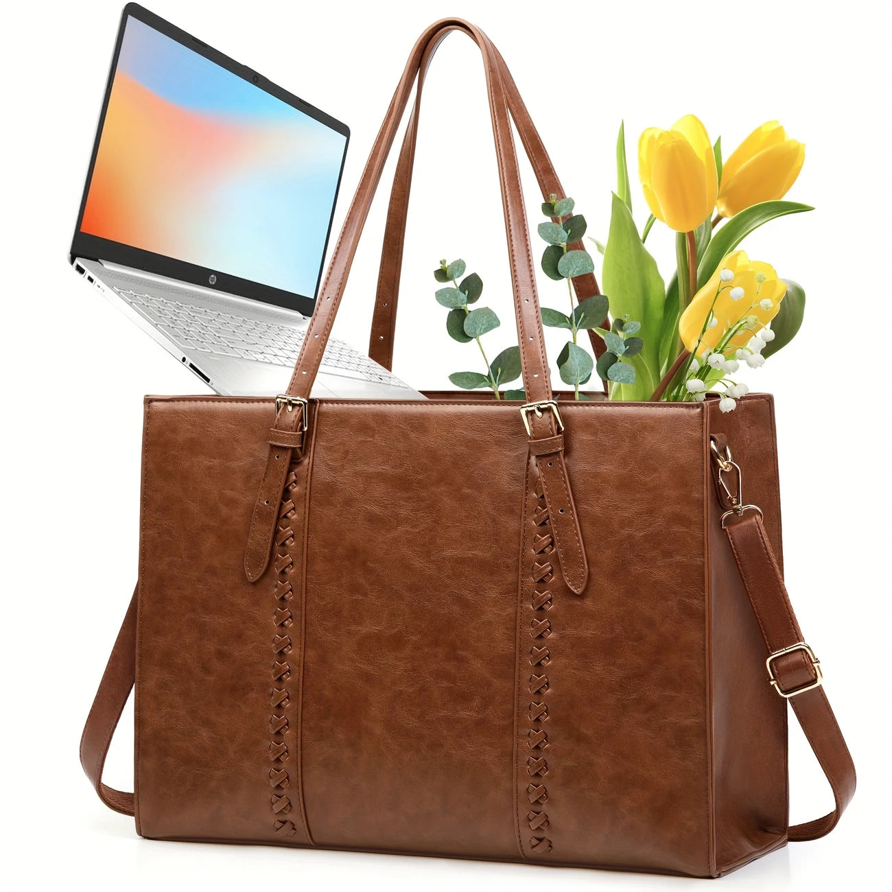 Waterproof PU Leather Laptop Tote Bag for Women - 15.6 Inch, Lightweight Business Office Briefcase