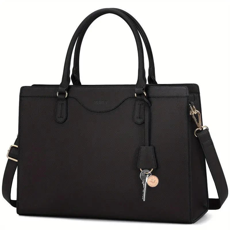 Women's 15.6" Waterproof PU Leather Laptop Tote Bag - Black Business Office Briefcase with Golden