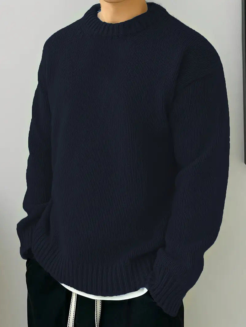 Mens Cozy Solid Knitted Long Sleeve Pullover Sweater