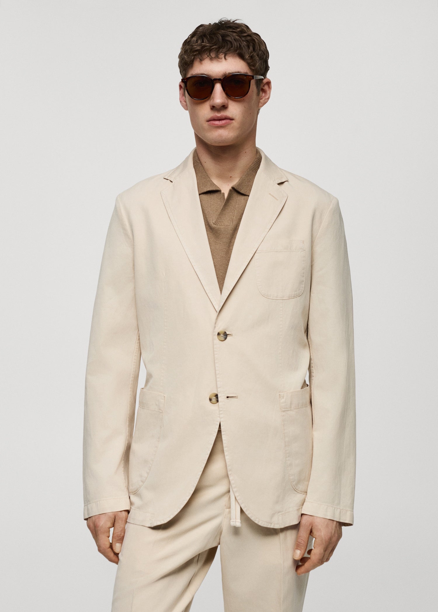 Slim Fit Linen Cotton-blend Blazer Cream