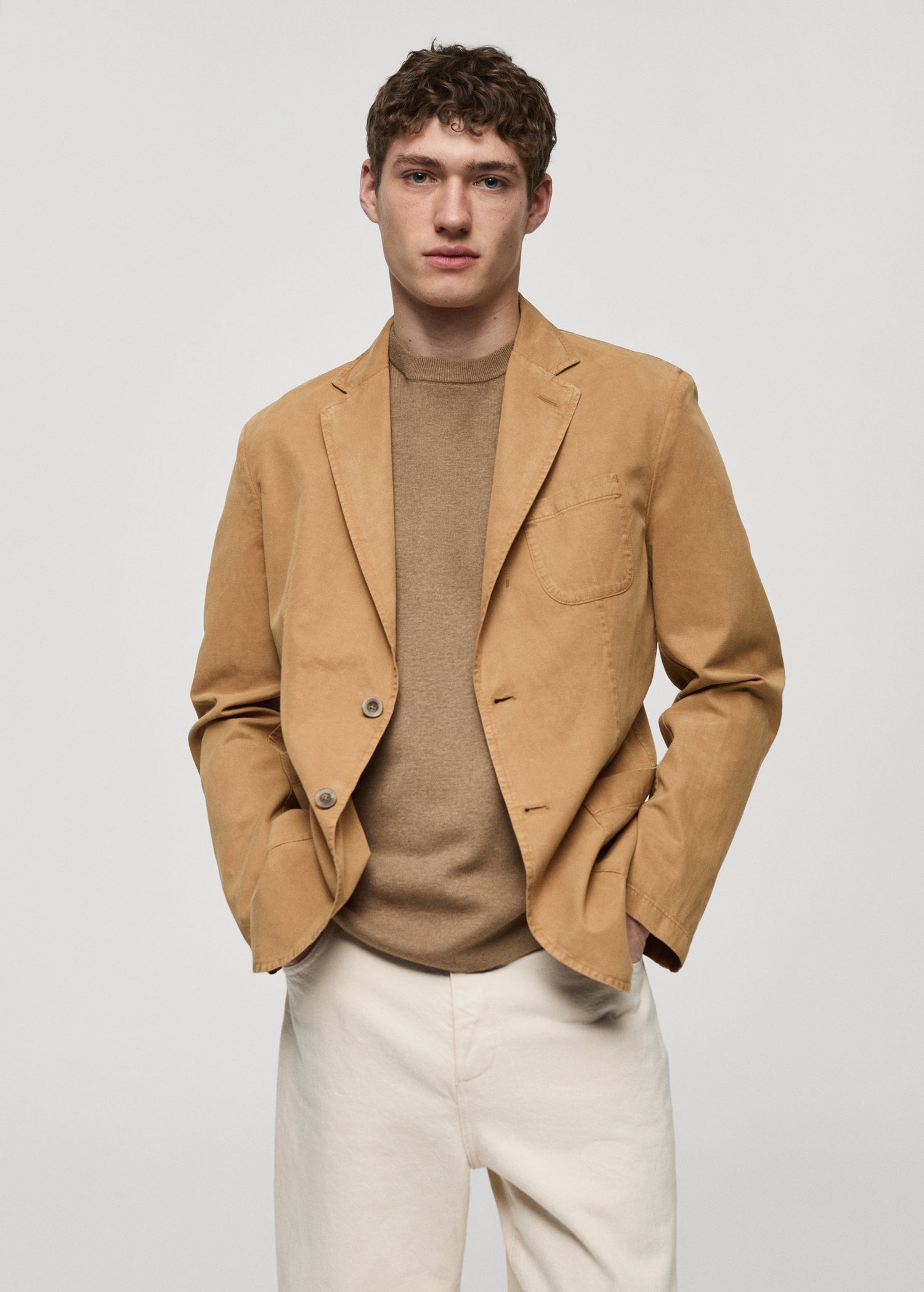 Slim Fit Linen Cotton-blend Blazer Brown