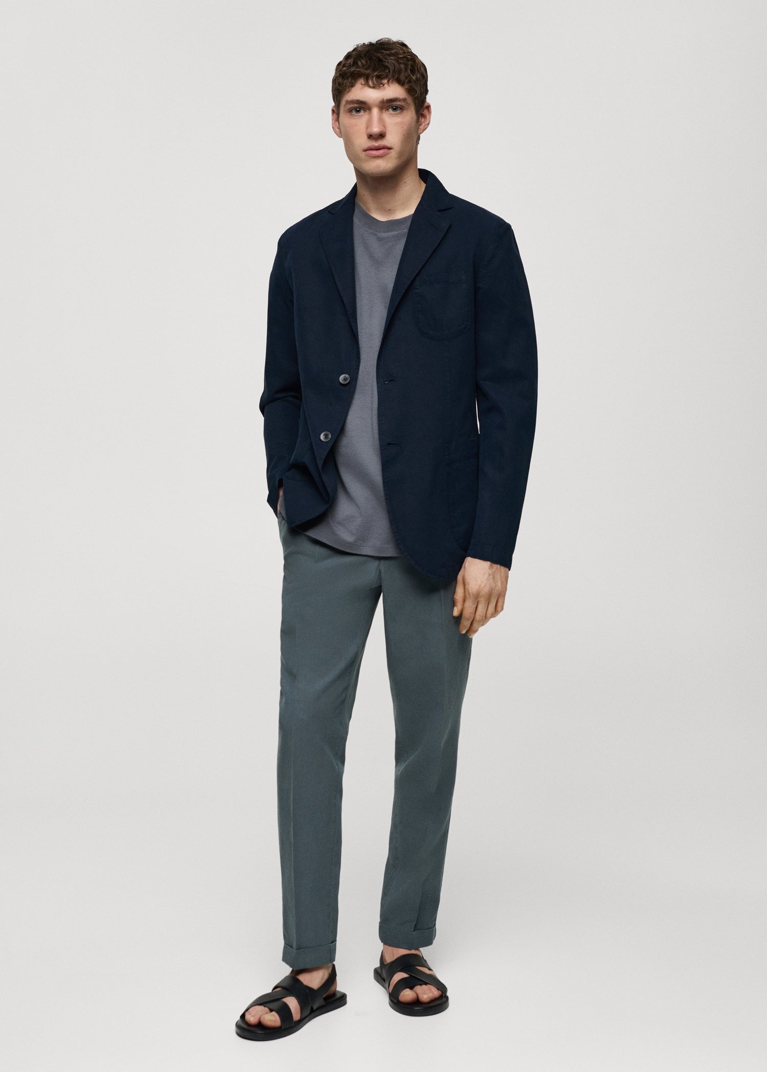 Slim Fit Linen Cotton-blend Blazer Dark Navy