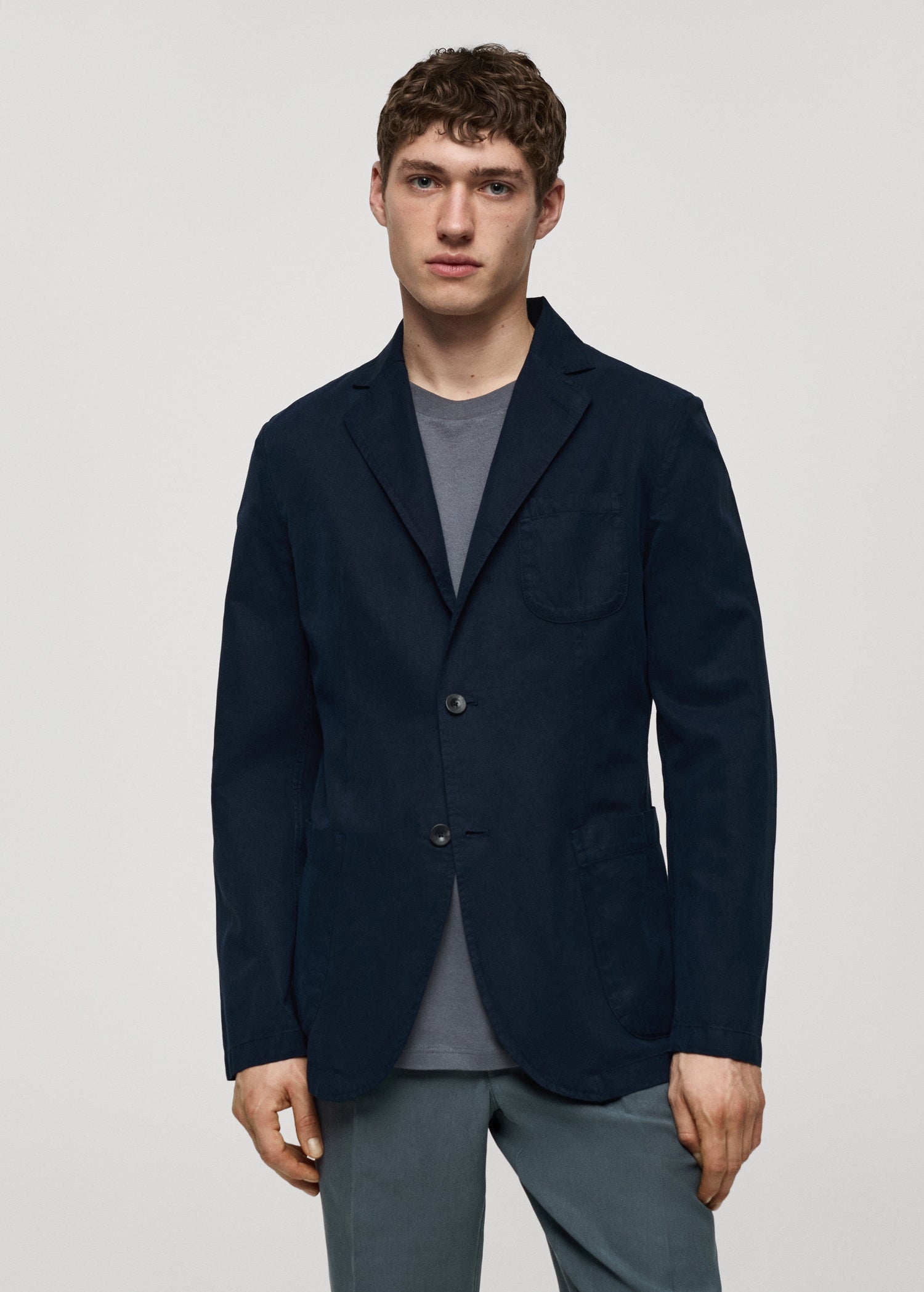 Slim Fit Linen Cotton-blend Blazer Dark Navy