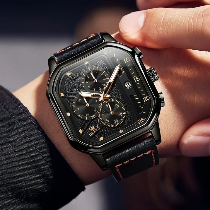 Men Black Leather Chronograph Analog Quartz