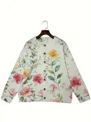 Vibrant All-Over Floral Print, Button Front Placket & Sleeve Details, Round Neck Long Sleeve Casual Sweater