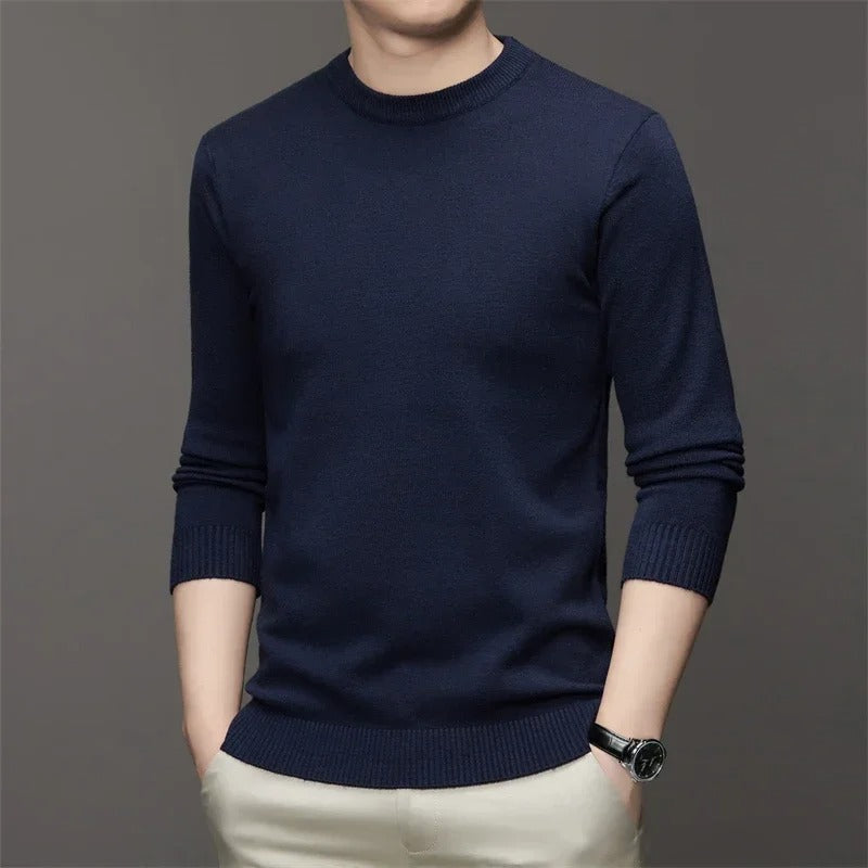 Men's Round Neck Long Sleeved Solid Color Sweater