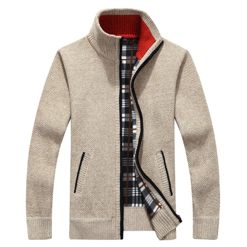 Men’s Plaid Cardigan V-neck Fleece Sweater
