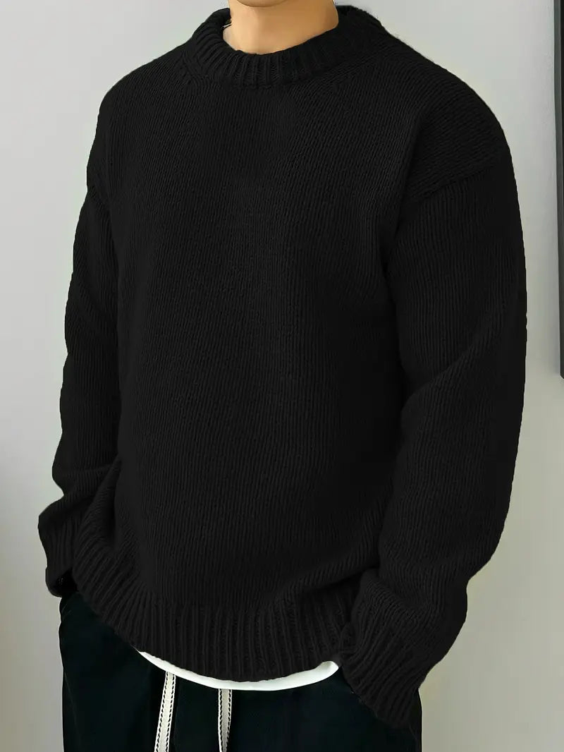 Mens Cozy Solid Knitted Long Sleeve Pullover Sweater