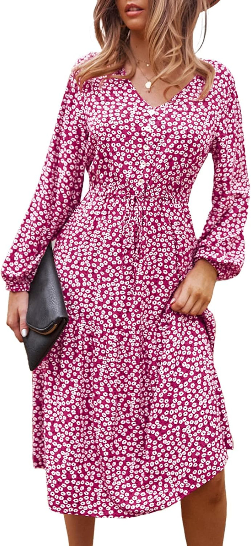 Women'S Floral Midi Dress V Neck Long Sleeve High Waist Button Tiered Belted Flowy Dresses(Red,Small)