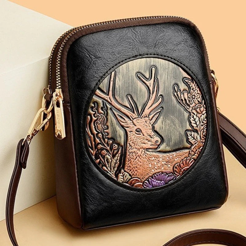 Vintage Hand-Carved Embossed Deer & Floral Crossbody Bag