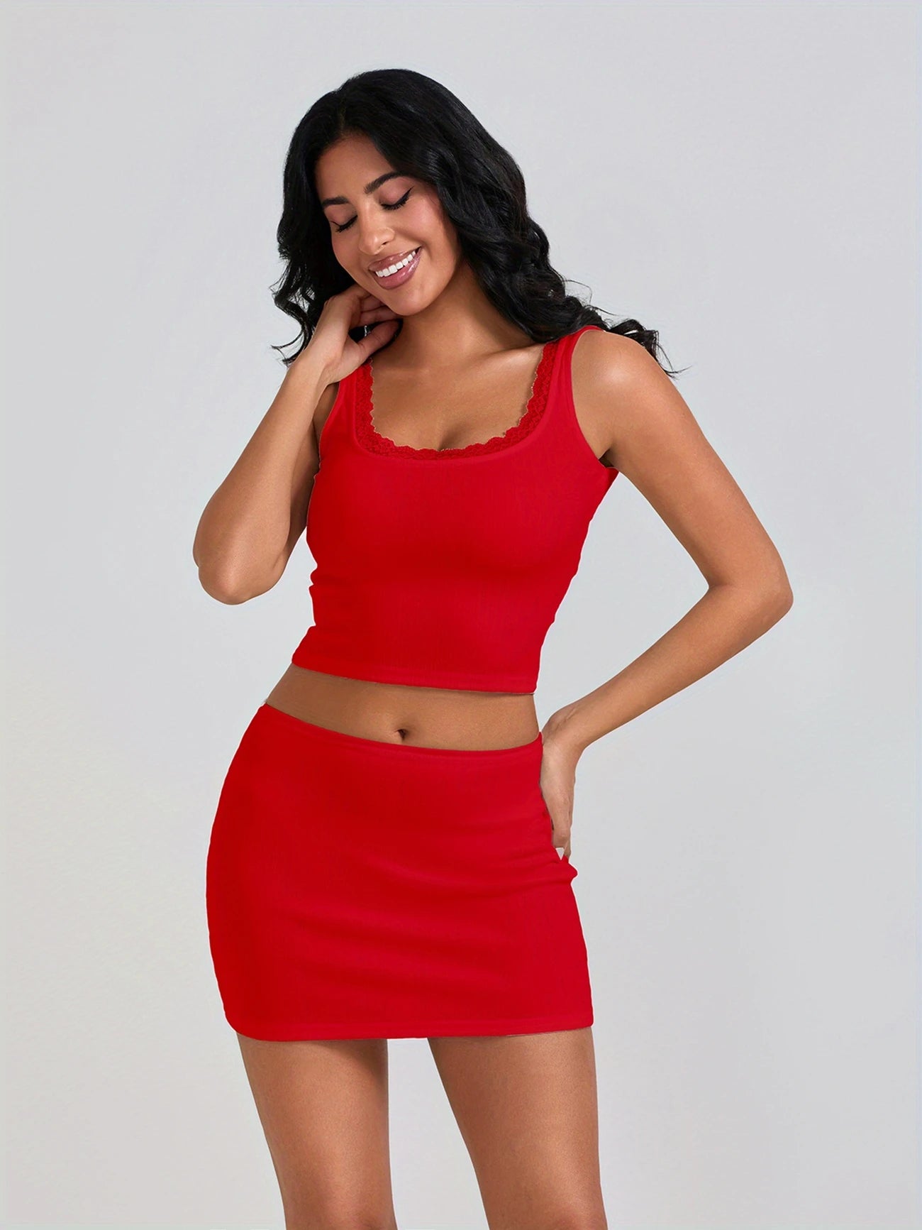 Women 2pcs Outfits Lace Trim Crop Sleeveless Tank Tops and Elastic Mini Skirt