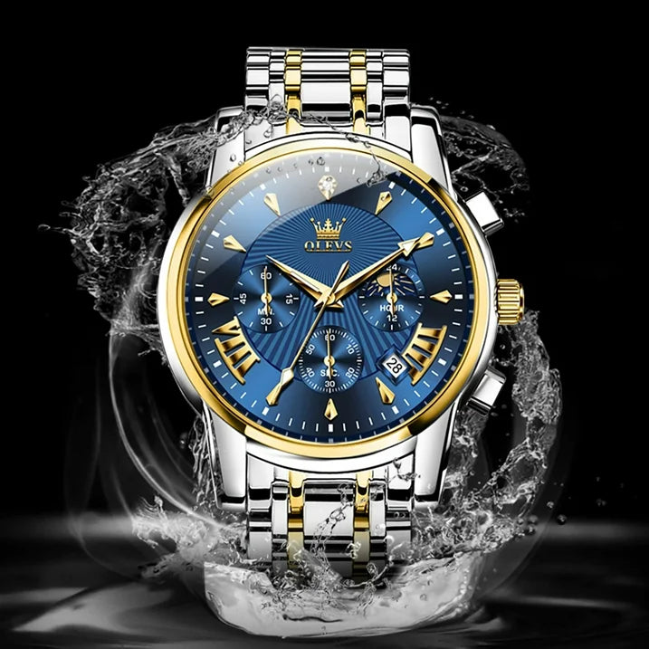 OLEVS Watches for Men, Mens Watches Quartz Gold Stainless Steel Waterproof Luminous Business Calendar Wrist Watch reloj para hombre Blue Dial