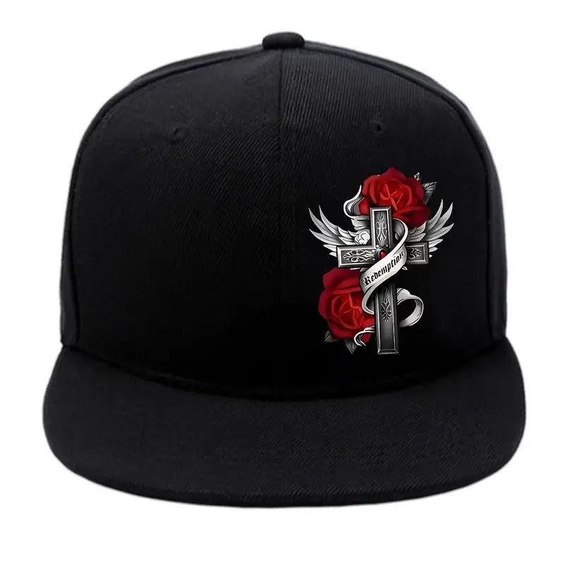 Flat-Brim Hip-Hop Cap with Red Rose Cross Design