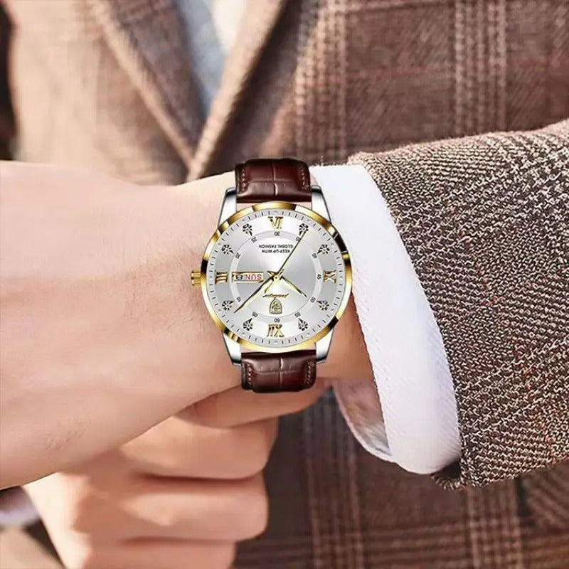 Men's Leather Quartz Watch Waterproof & Luminous