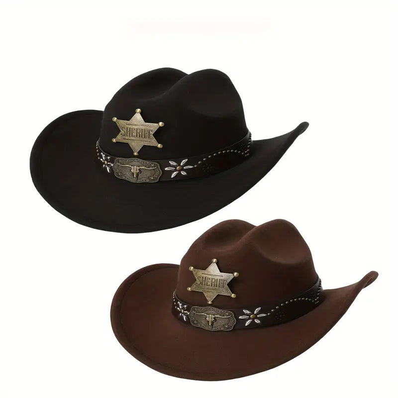 Men’s Western Cowboy Hat with Sheriff Star & Bull Belt Ornament