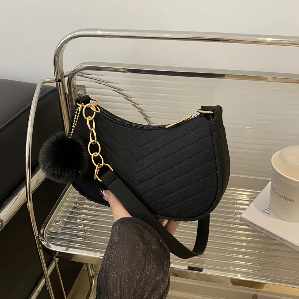 Women's Faux Fur Ball Embellished Shoulder Bag