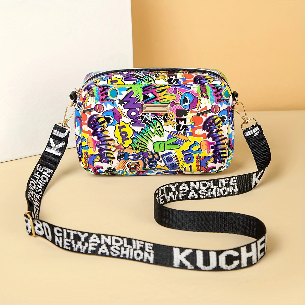 Lightweight Crossbody Bag | Women's Graffiti Print & Glitter Accents
