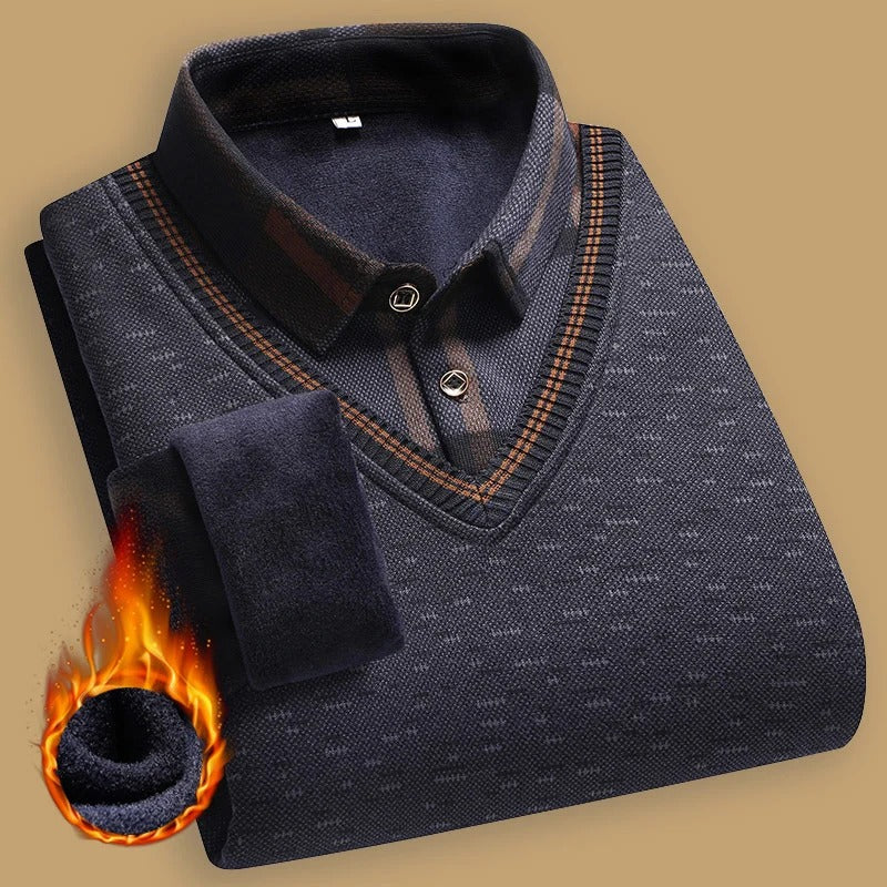 Men’s Velvet Fleece-Lined Polo Pullover Sweater