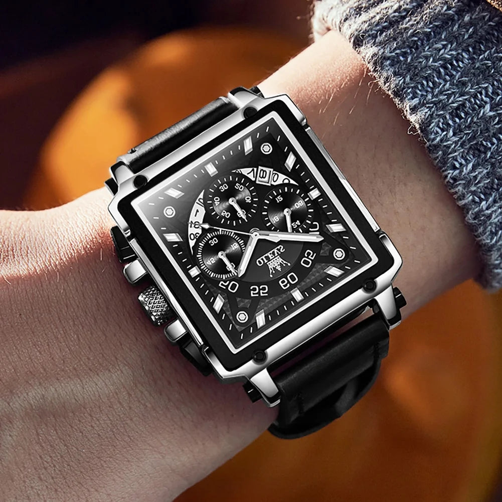 OLEVS Square Watches for Men Brown Leather Chronograph Fashion Business Watch