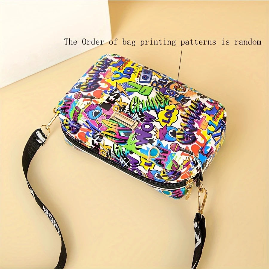 Lightweight Crossbody Bag | Women's Graffiti Print & Glitter Accents