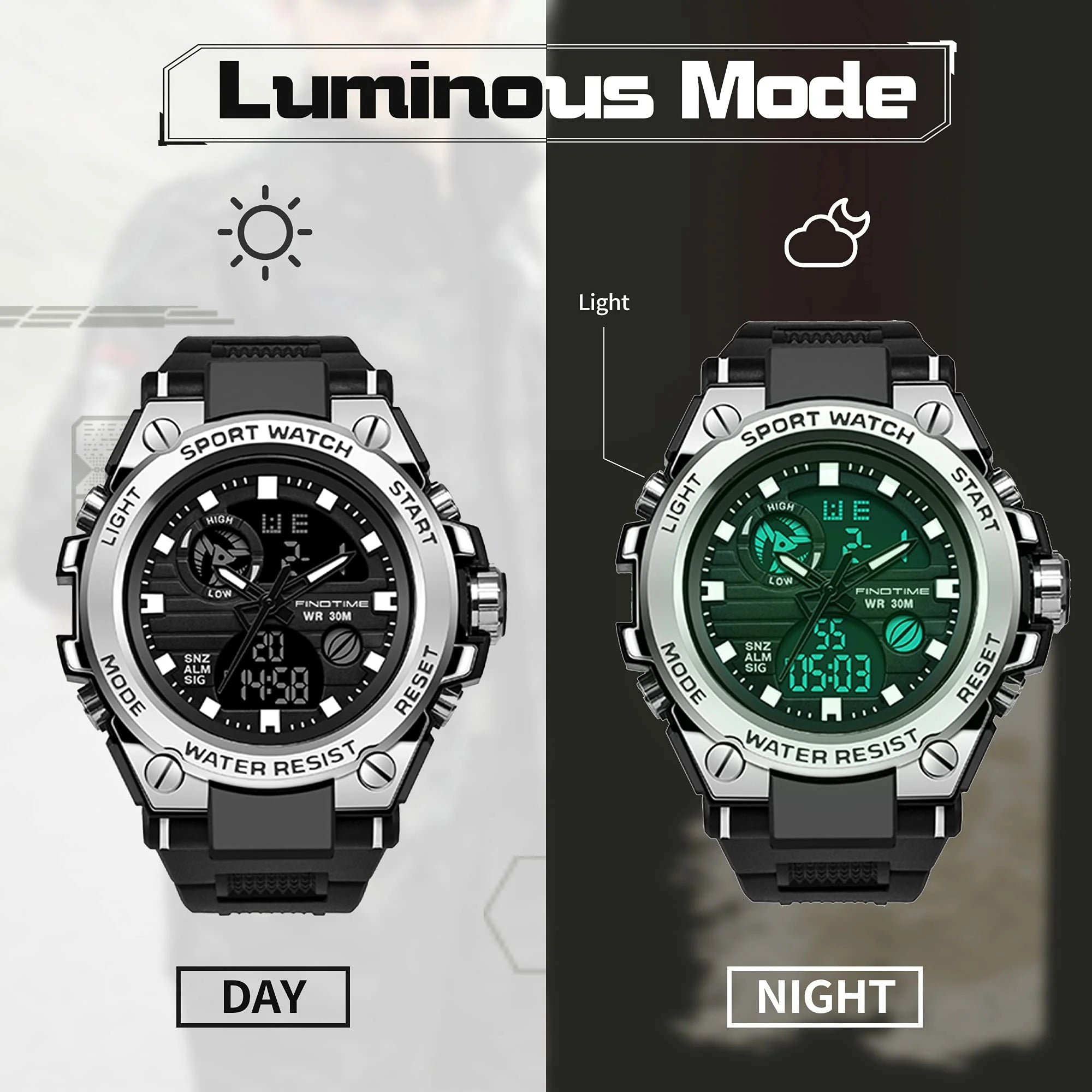Findtime Men's Military Watch Outdoor Sports Electronic Watch Tactical Army Wristwatch LED Stopwatch Waterproof Digital Analog Watches