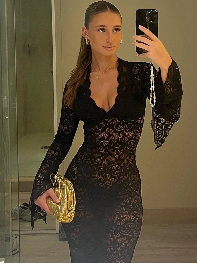 Mesh Floral Print V Neck Long Flare Sleeve Sexy See through Maxi Dress Spring Women Fashion Clothes Beach Vacation Club
