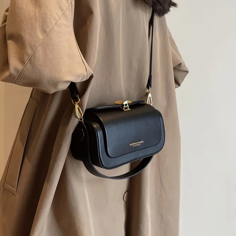 Stylish Black Handbag with Golden-Tone Hardware, High Quality Small Box Bag for Women