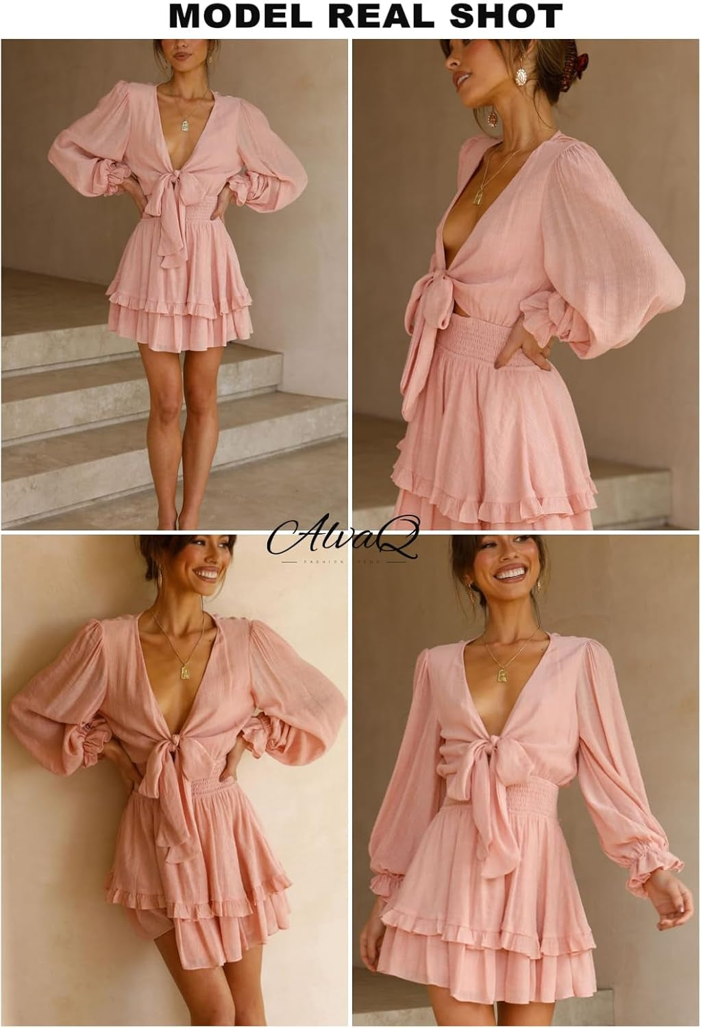 Womens Dresses Spring Summer Knot Front V Neck Ruffles Long Sleeve Floral Print Swing Mini Dress