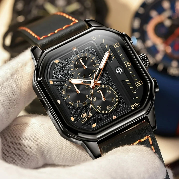 Men Black Leather Chronograph Analog Quartz