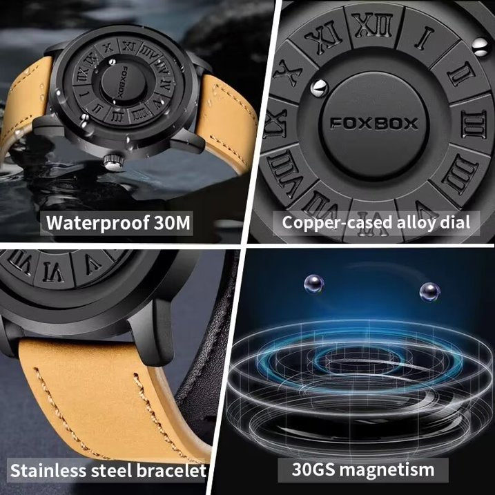 FOXBOX Mens Watches Creative Scrolling Pointer Magnetic Force Quartz Wristwatch Genuine Leather Watch Man