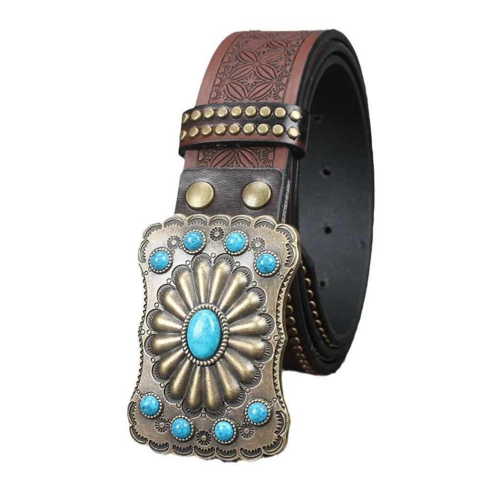 Men’s Western Denim PU Carved Belt – 120cm
