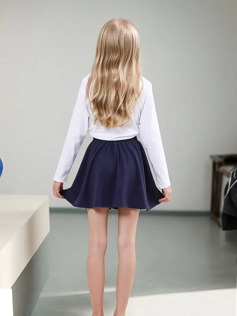 Girls' Navy Blue Casual Skirt with Elastic Waist