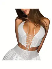 Women's Sexy Summer Lace Cross Straps V-Neck Backless Crop Top