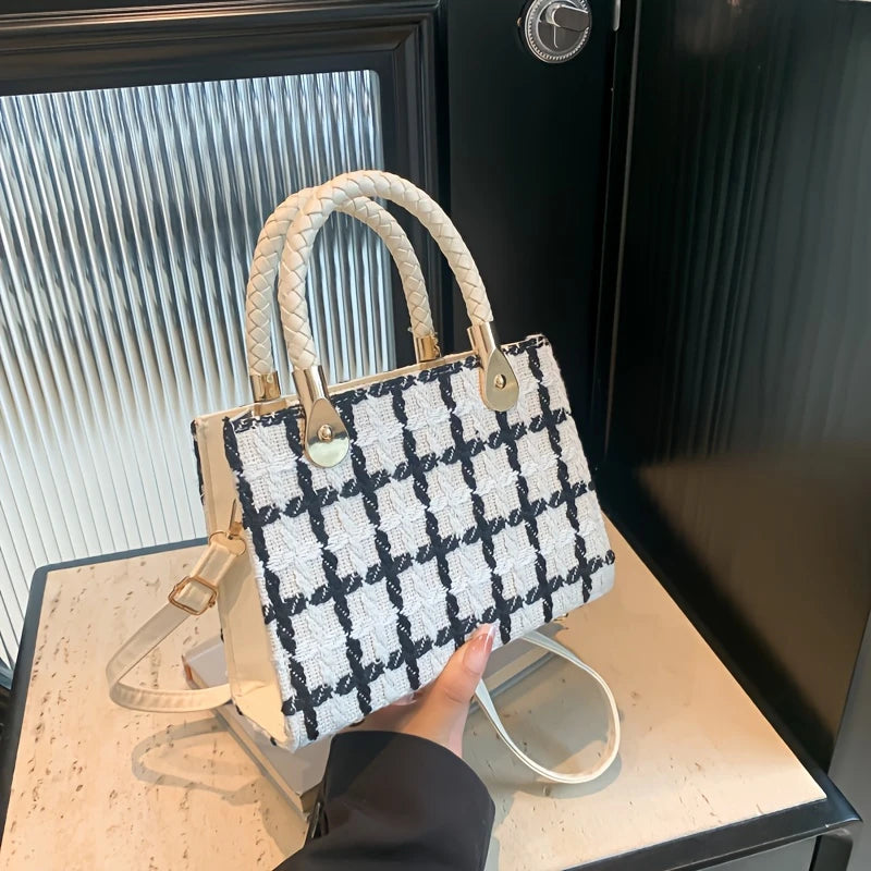 New White Plaid Synthetic Leather Crossbody Bag for Women