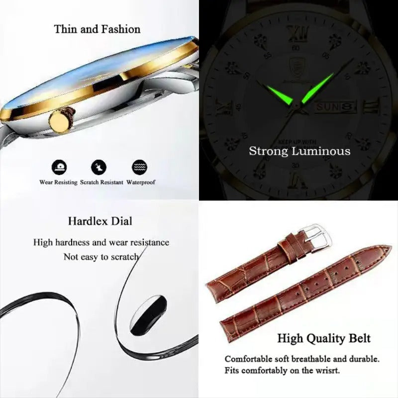 Men's Leather Quartz Watch Waterproof & Luminous