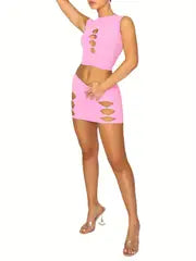 omens 2pcs Summer Outfits, Shiny Rhinestone Hollow Out Color Tank Tops and Mini Skirt Set