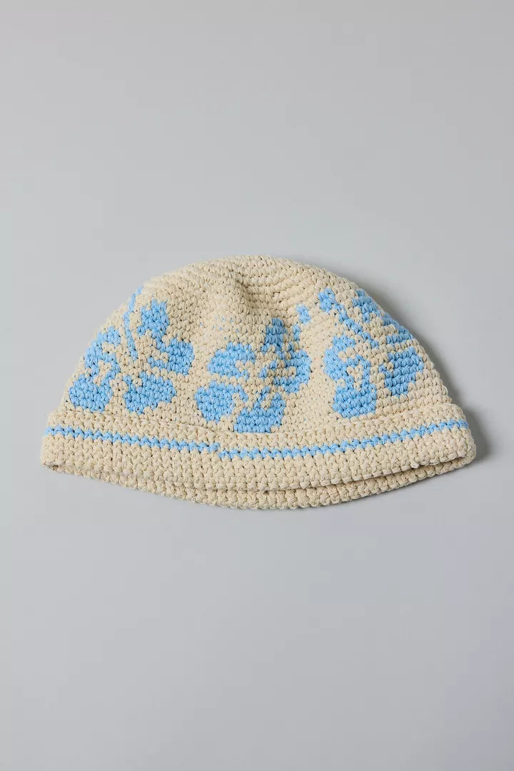 Floral Knit Roll Cuff Beanie  Light Blue