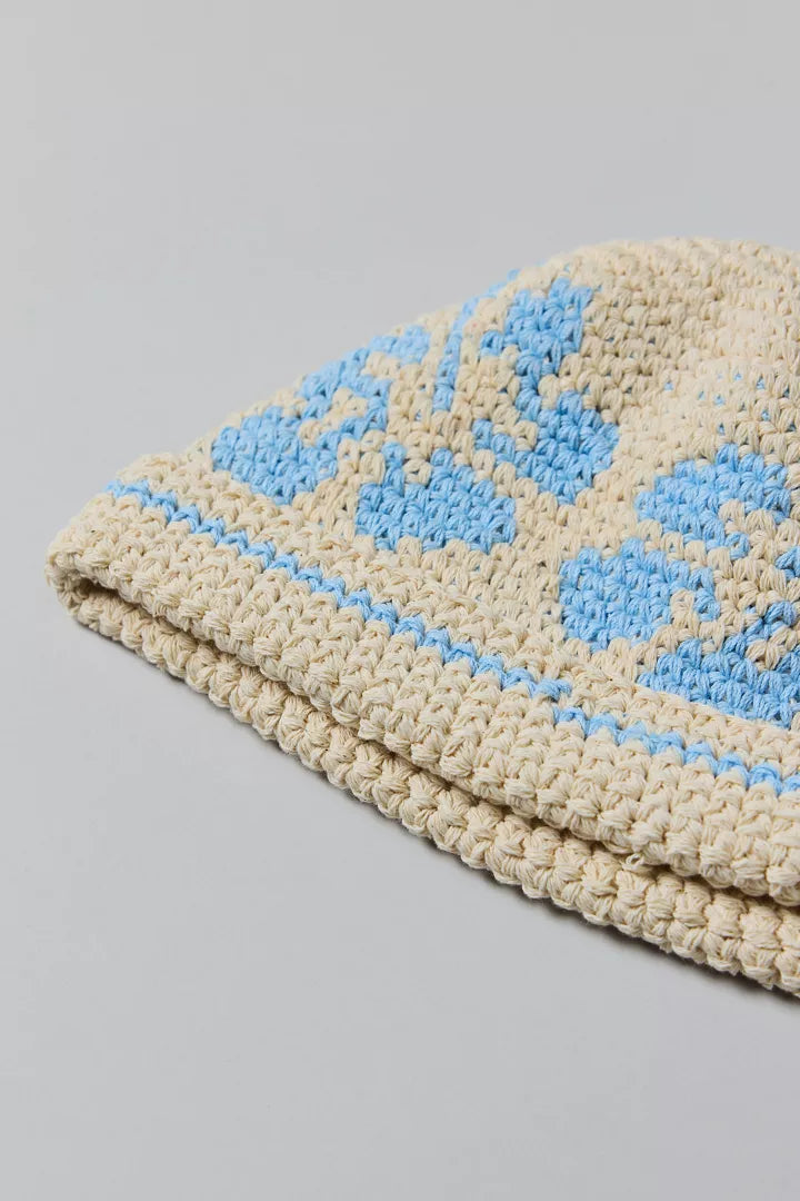 Floral Knit Roll Cuff Beanie  Light Blue