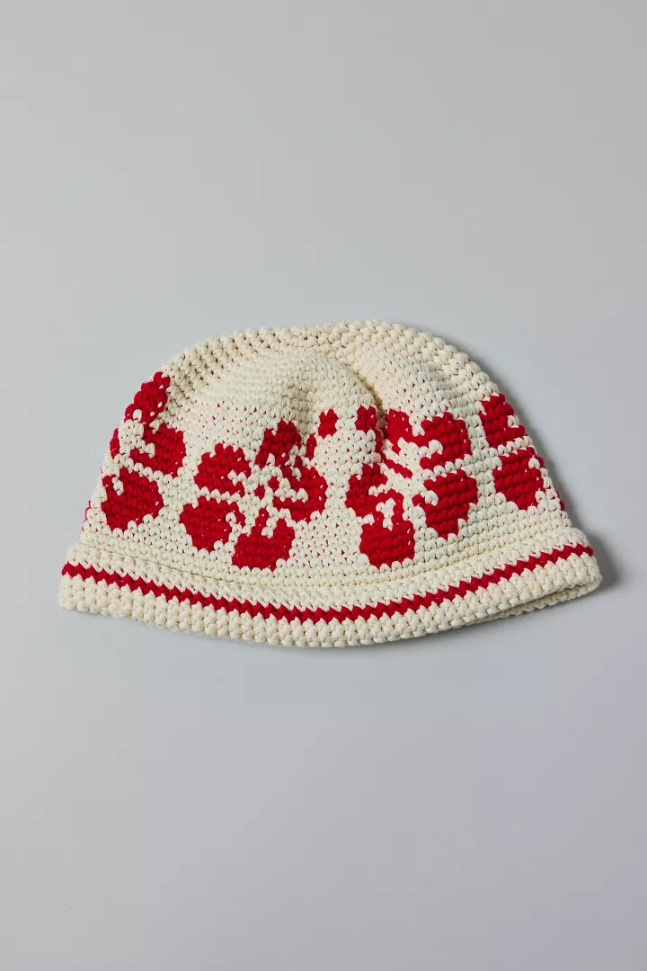 Floral Knit Roll Cuff Beanie Red