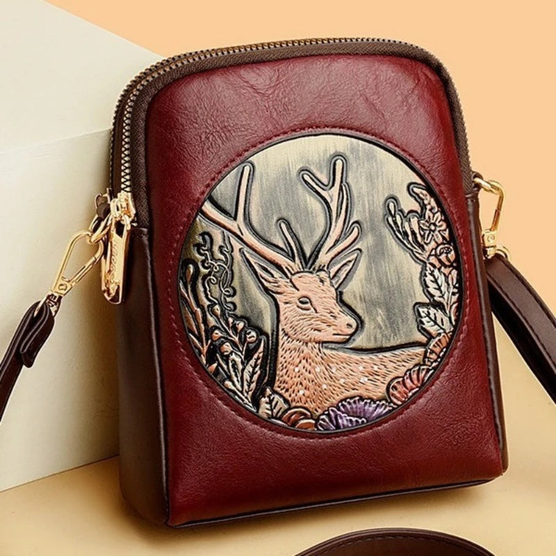 Vintage Hand-Carved Embossed Deer & Floral Crossbody Bag