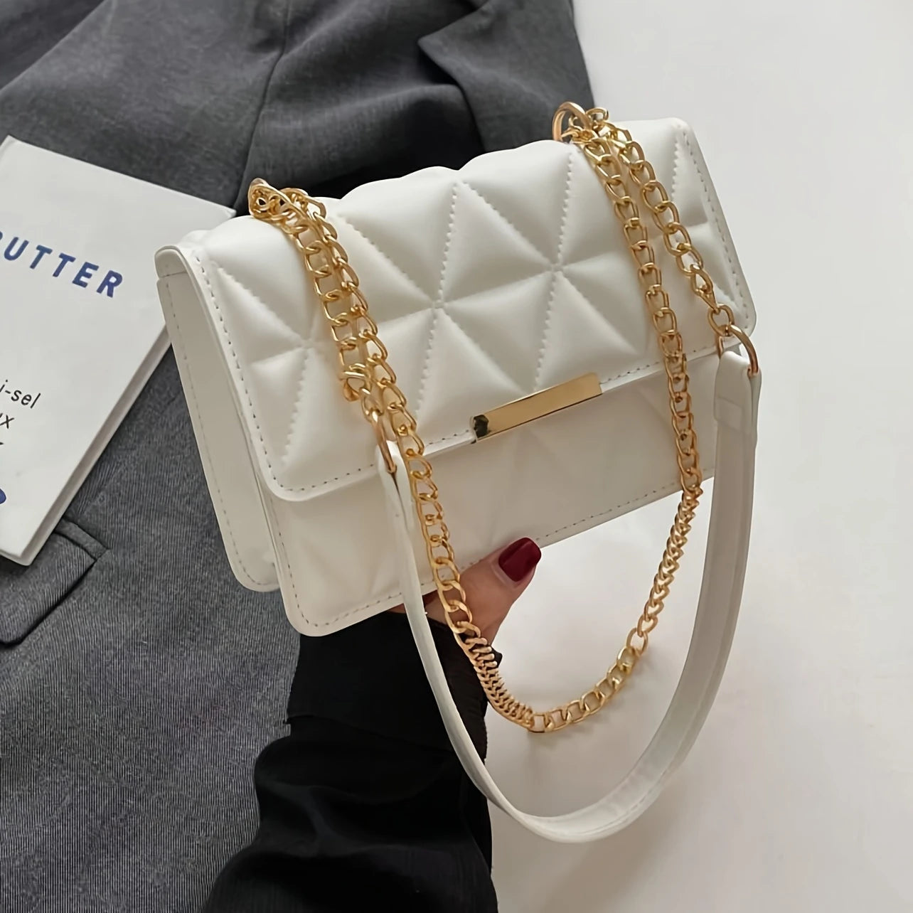 Fashionable Solid Color Pressed Flap Mini Shoulder Bag with Chain Strap